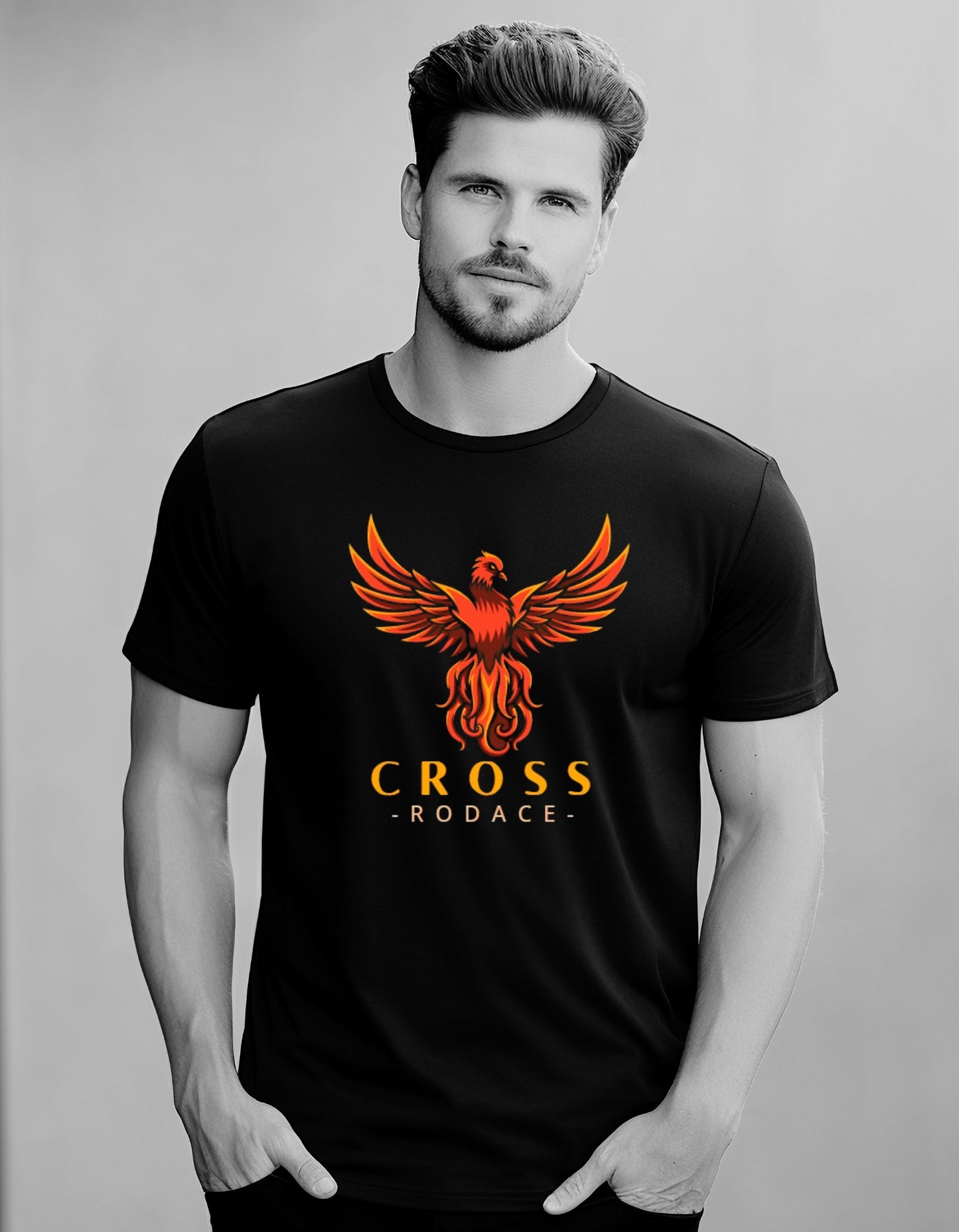 MAJESTIC PHOENIX - Cross Rodace Black T-shirt - Orange