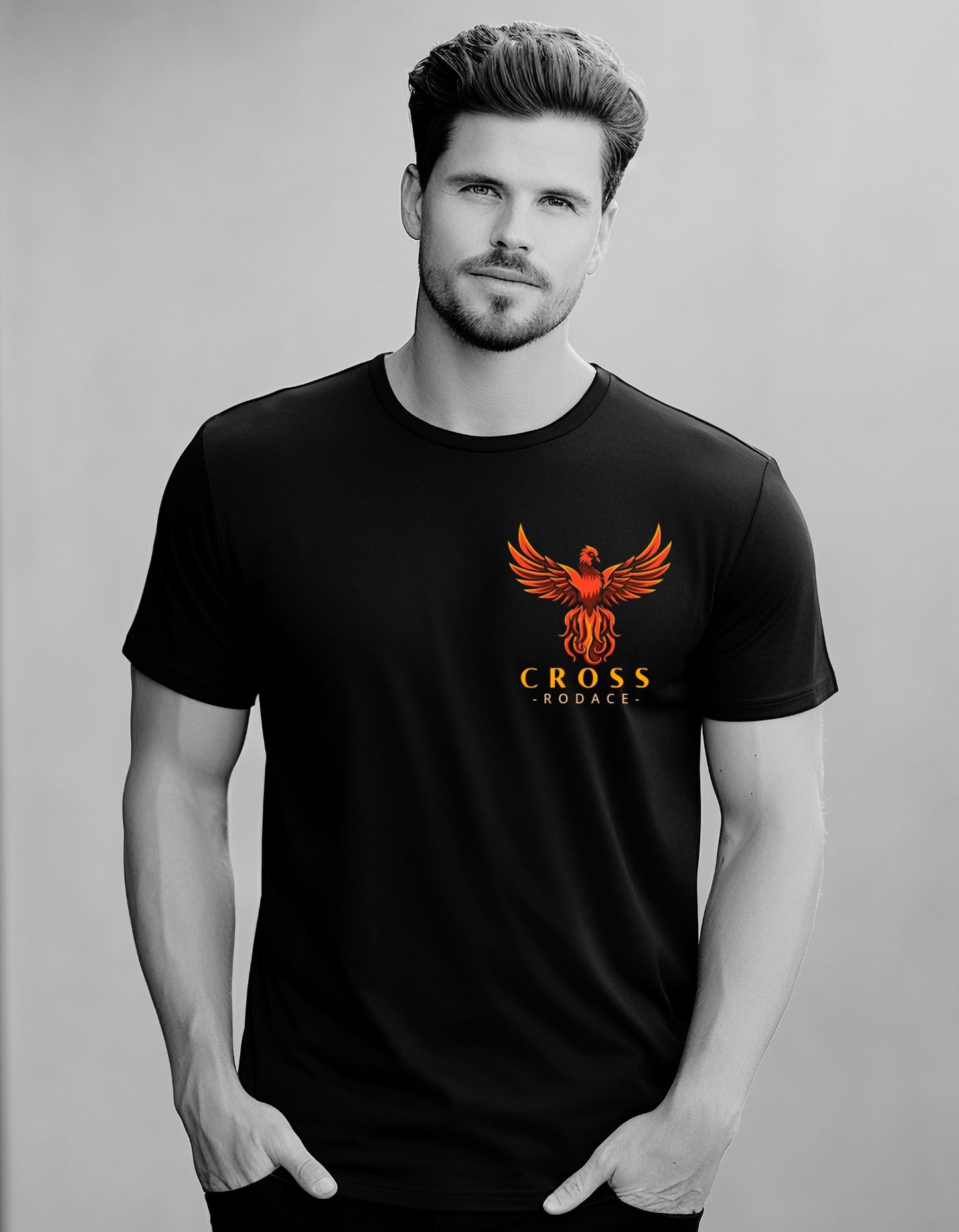 MAJESTIC PHOENIX - Cross Rodace Black Pocket T-shirt - Orange