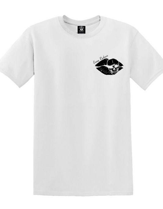 KISS OF DEATH Cross Rodace White T-shirt - Black Pocket Design