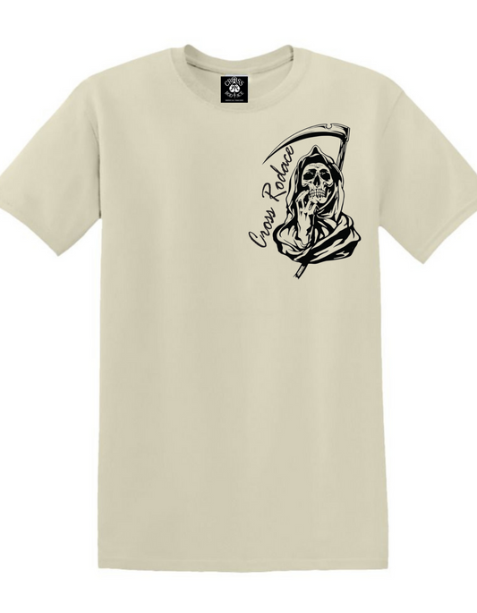 THE REAPER Cross Rodace Sandy White T-shirt - Black Pocket Design